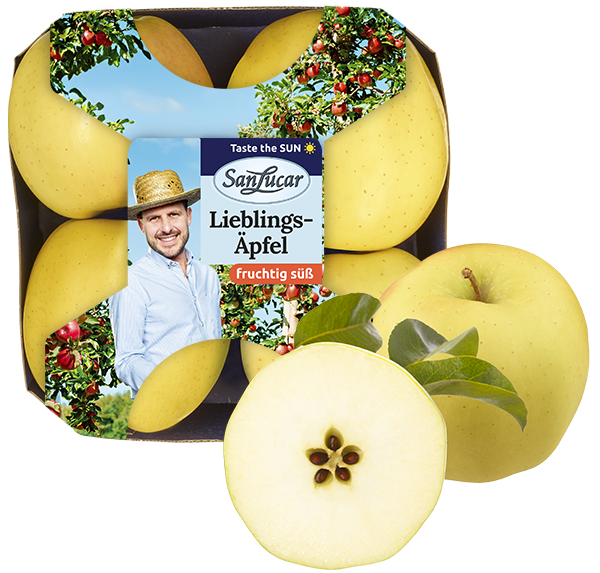 Apfel-Golden A single Golden Delicious apple with a smooth yellow skin and a small stem, isolated on a white background.