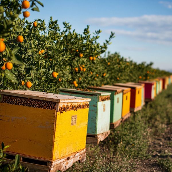 Herz Colorful beehives lined up beside a citrus orchard, supporting pollination among lush orange trees under a bright sky.