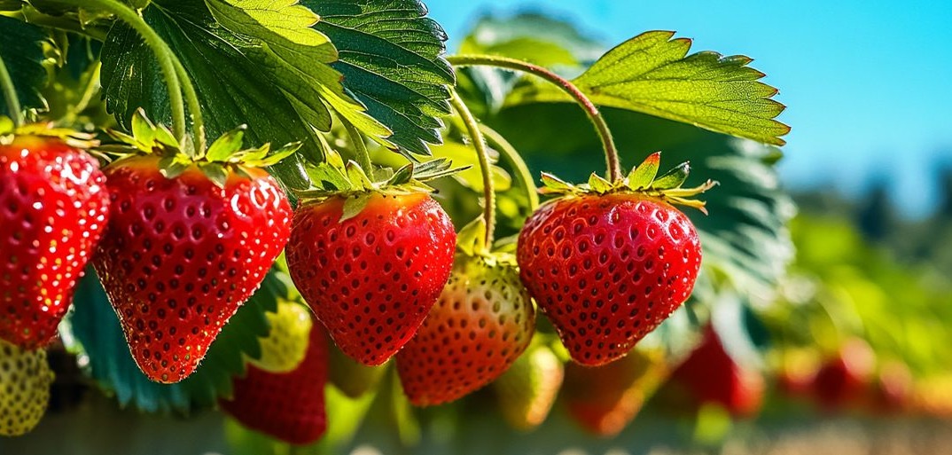 strawberry Fresh, ripe strawberries hanging from green plants in a sunlit field, with vibrant red color and lush leaves.