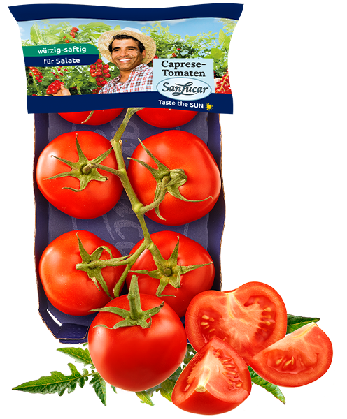 Fresh SanLucar Caprese tomatoes, vibrant red and juicy, perfect for salads and Mediterranean dishes.