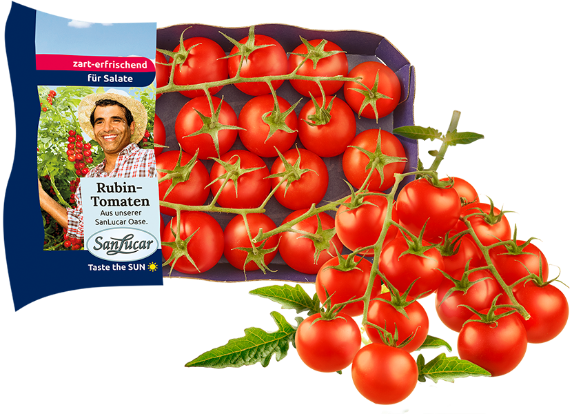 Fresh SanLucar Rubin tomatoes, vibrant red and juicy, packed for a rich and flavorful taste.
