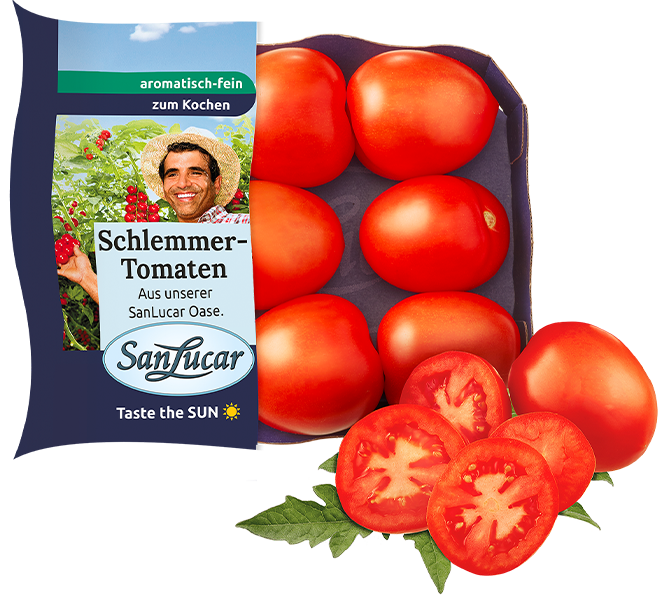 Fresh SanLucar Schlemmer tomatoes, vibrant red and juicy, packed for a rich and flavorful taste.