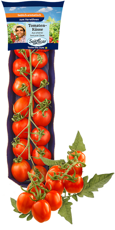 Fresh SanLucar Küsse tomatoes, bright red and juicy, packed for a naturally sweet and flavorful taste.