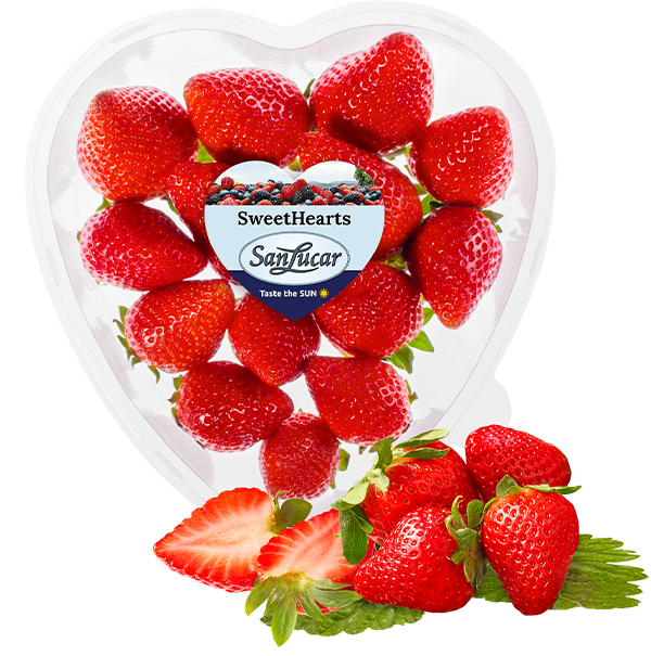 Sweet Hearts 250g of fresh strawberries in heart-shaped packaging, emphasizing their sweetness and premium quality.