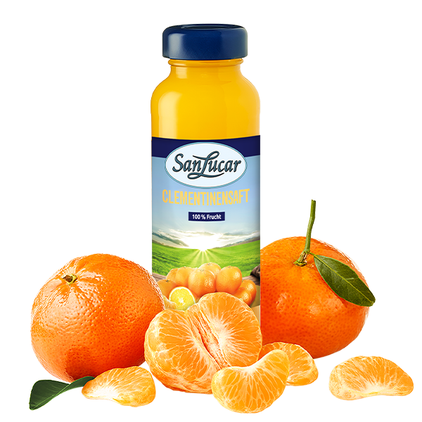 A bottle of SanLucar 100% clementine juice, surrounded by fresh clementines and slices, highlighting the natural freshness and flavor.