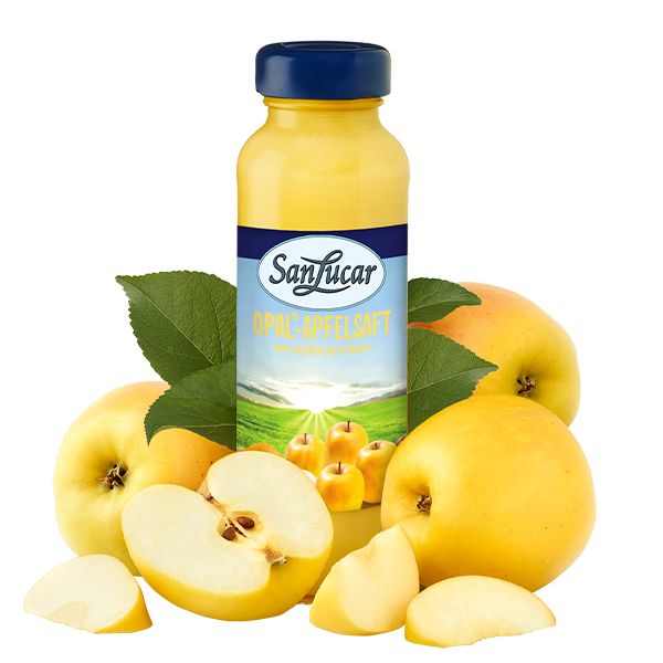 A 250ml bottle of SanLucar Opal apple juice, surrounded by fresh yellow opal apples and slices, highlighting its natural, refreshing flavor.