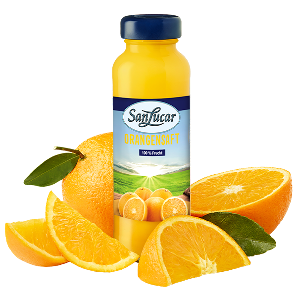 A 250ml bottle of SanLucar orange juice, surrounded by fresh orange slices, showcasing its natural, refreshing taste and vibrant color.