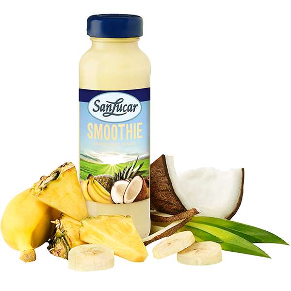 SanLucar smoothie bottle with a blend of pineapple, coconut, and banana, surrounded by fresh fruits including pineapple, banana, and coconut.