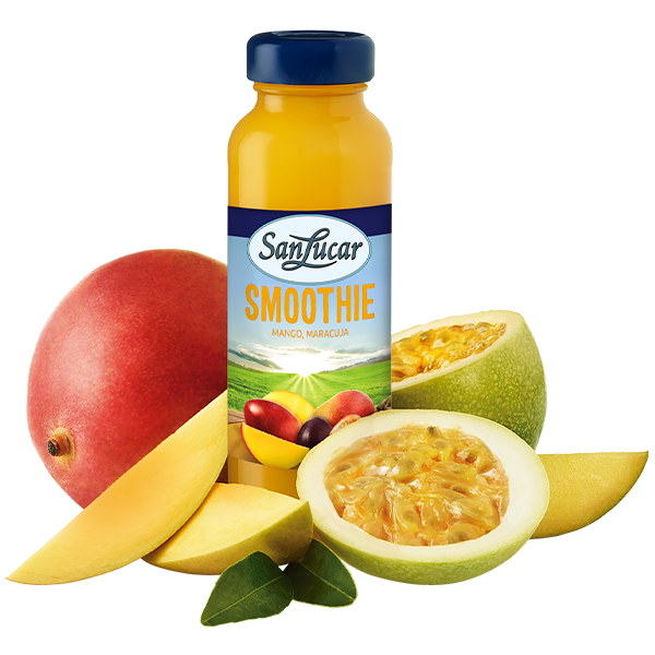 SanLucar smoothie bottle featuring a mango and passion fruit blend, surrounded by fresh mango slices and passion fruit halves