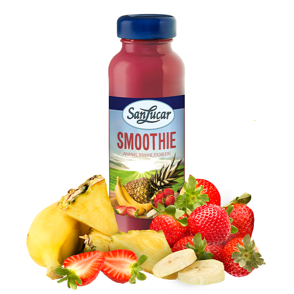 SanLucar smoothie bottle with a blend of pineapple, banana, and strawberry, surrounded by fresh fruits including banana, strawberries, and pineapple.