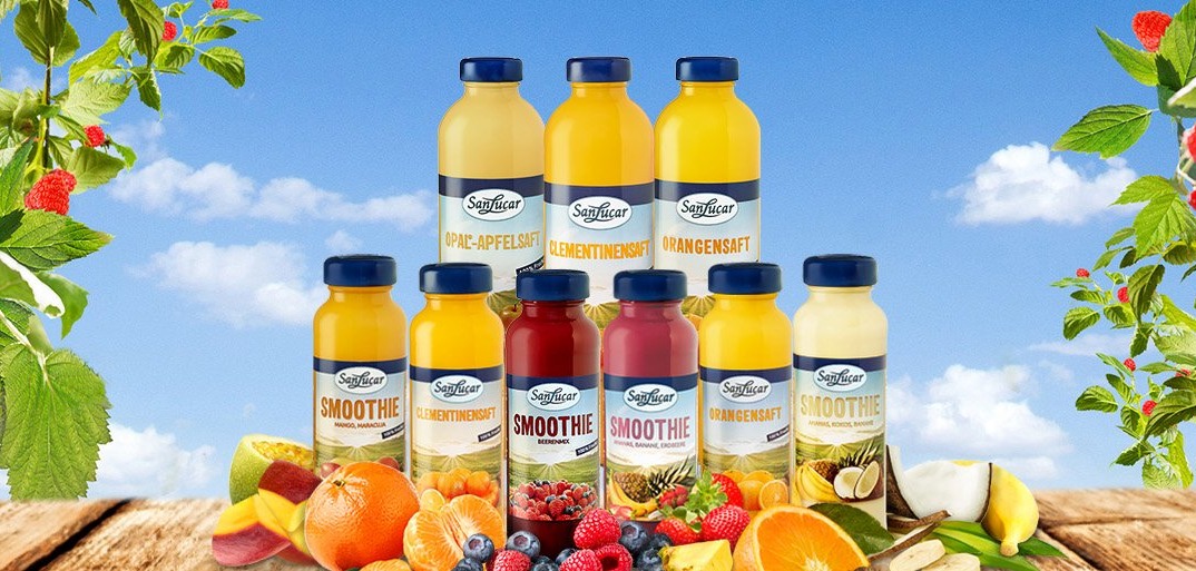 A stack of vibrant SanLucar fruit juices, including bottles of orange, berry, and tropical flavors, arranged with fresh fruit ingredients like oranges and berries, set against a bright sky and lush greenery.
