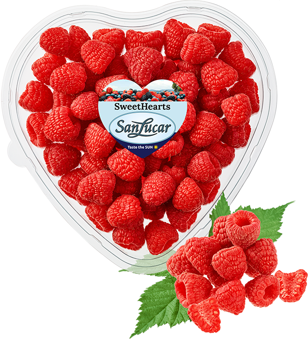 Sweet Hearts fresh raspberries in heart-shaped packaging, highlighting their natural sweetness and premium quality.