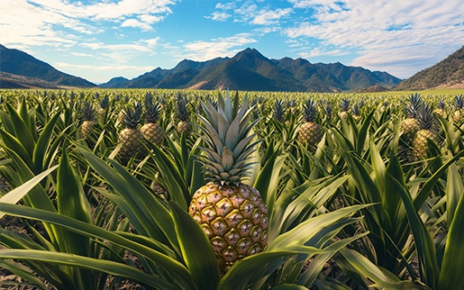 Ripe pineapple growing in a field, surrounded by spiky green leaves and bathed in natural sunlight.