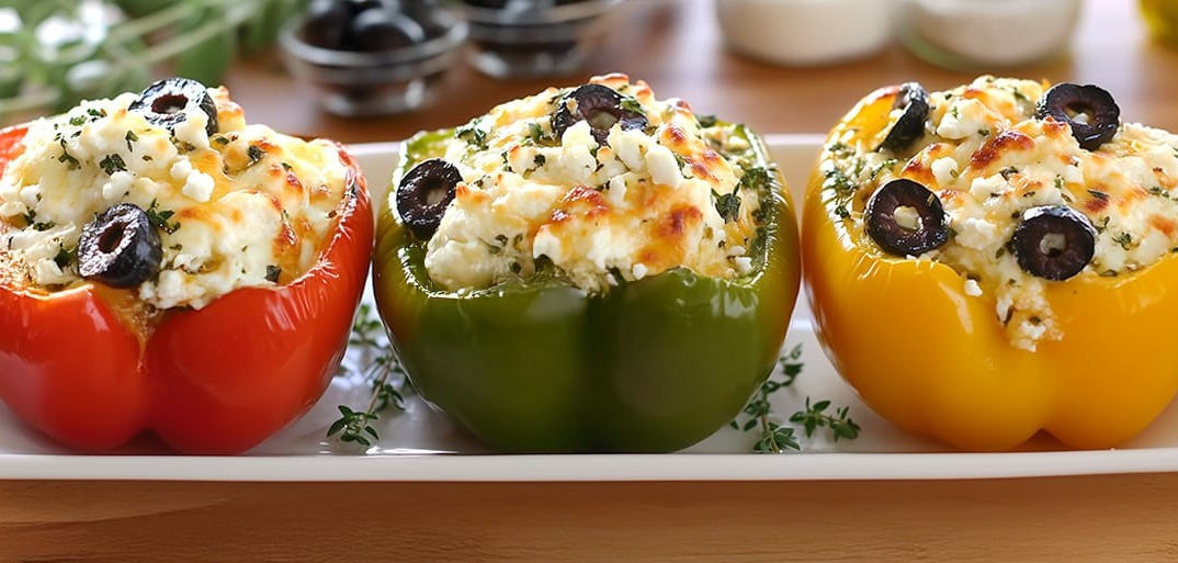 Paprika-mit-Kase-Oliven-Fullung_header Stuffed bell peppers with cheese and olives – a flavorful and colorful appetizer or side dish