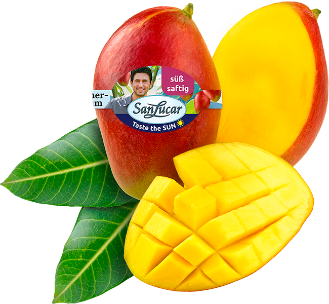 Fresh SanLucar mango, whole and halved, highlighting its juicy, golden-orange flesh.