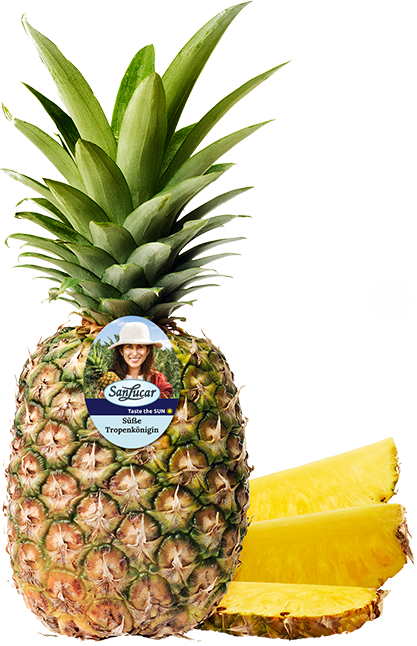 Fresh SanLucar pineapple, whole and sliced, showcasing its juicy golden flesh and spiky green crown.