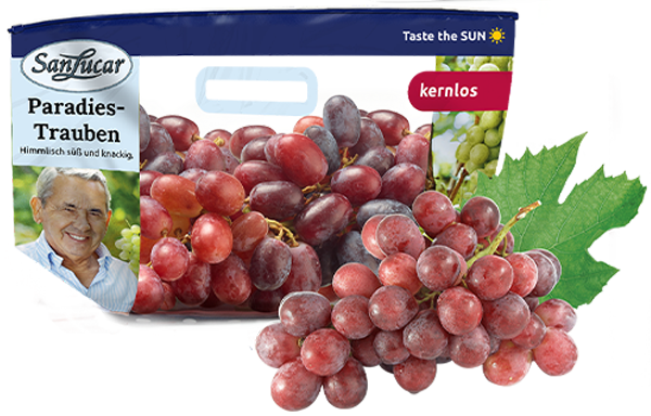 SanLucar 650g red grapes in a fresh-seal bag, showcasing premium quality and freshness.