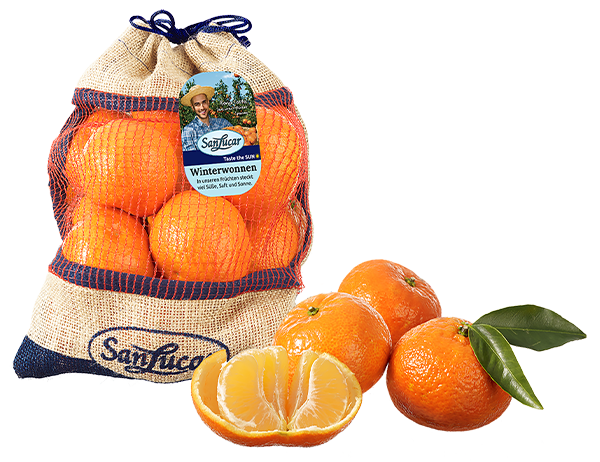 SanLucar 1.5kg clementines in a reusable jute bag, highlighting freshness and sustainability.