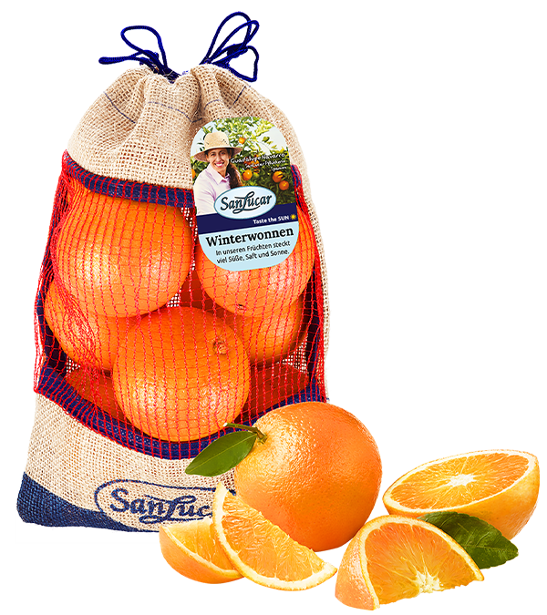 SanLucar 1.5kg oranges in a reusable jute bag, highlighting freshness and sustainability.