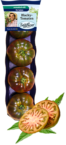 Fresh SanLucar Blacky tomatoes, dark and juicy, packed in a 400g flowpack for a rich and flavorful taste.