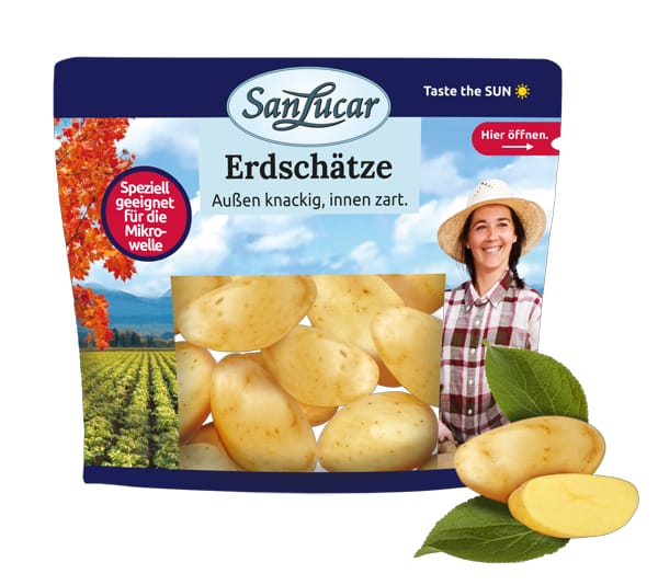 A 400g pack of SanLucar Erdschtze potatoes, ideal for microwaving, with a label that highlights their crispy exterior and tender interior.