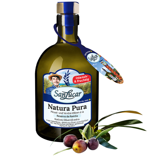 Olivenöl_Intensiv fruchtig_hanger-mini-600×600 SanLucar Natura Pura olive oil from Spain, made with Picual and Verdial olives
