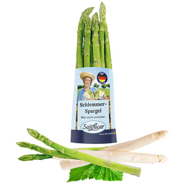 Fresh SanLucar Weißer Schlemmer asparagus, tender and delicate, showcasing its smooth texture and mild flavor.