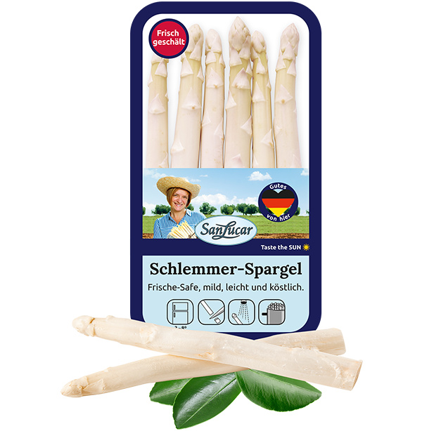 Fresh SanLucar Weißer Schlemmer asparagus in a freshness-safe pack, showcasing its tender texture and delicate flavor.