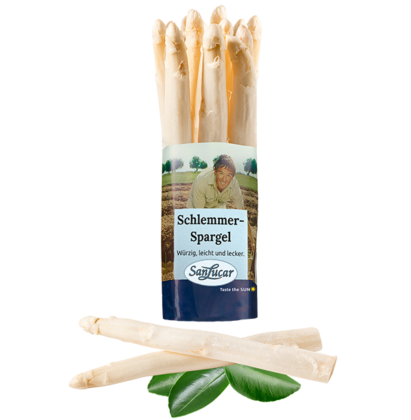 Fresh SanLucar Weißer Schlemmer asparagus, tender and delicate, showcasing its smooth texture and mild flavor.