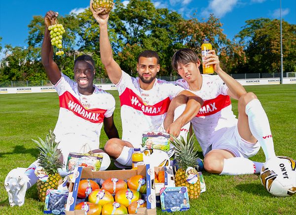 VFB Stuttgart 1 VfB Stuttgart soccer players posing on the field with fresh SanLucar fruits, including pineapples, grapes, and oranges.