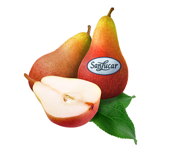 Fresh SanLucar Carmen pears, red and juicy, showcasing their sweet and aromatic flavor.
