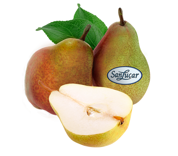 Fresh SanLucar Cheeky pears, red-blushed and juicy, showcasing their sweet and refreshing flavor.
