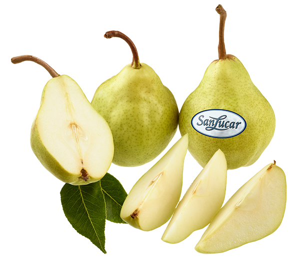 Fresh SanLucar William pears, golden and juicy, showcasing their sweet and aromatic flavor.