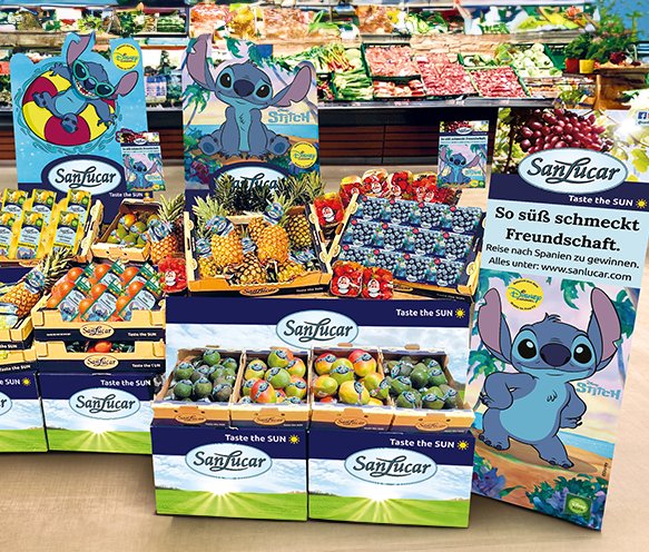 SanLucar Stitch-themed fruit display, highlighting fresh produce with a fun and engaging presentation.