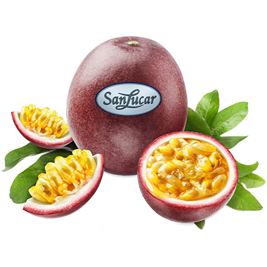 Fresh SanLucar passion fruit, whole and halved, showcasing its vibrant purple skin and juicy, seed-filled pulp.