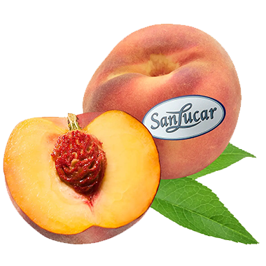 Pfirsich_gelb_lose_logo Fresh SanLucar yellow peaches, whole and halved, showcasing their juicy, golden flesh.