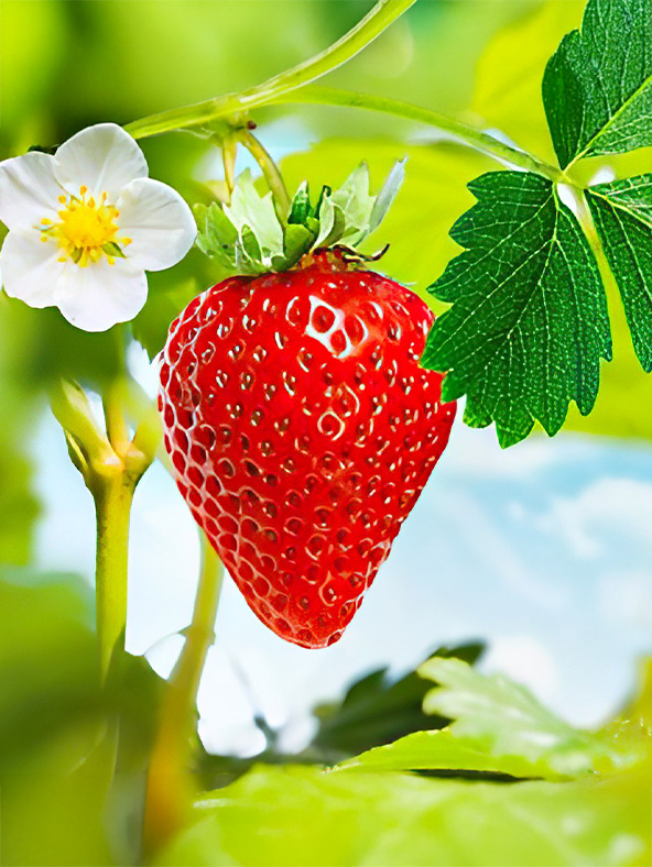 Fresh ripe strawberries growing on a plant, with vibrant red color and green leaves – sun-ripened and ready for harvest.
