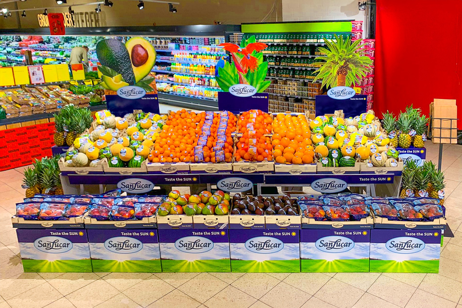 SanLucar point-of-sale display featuring fresh fruits and vibrant branding in a retail setting.