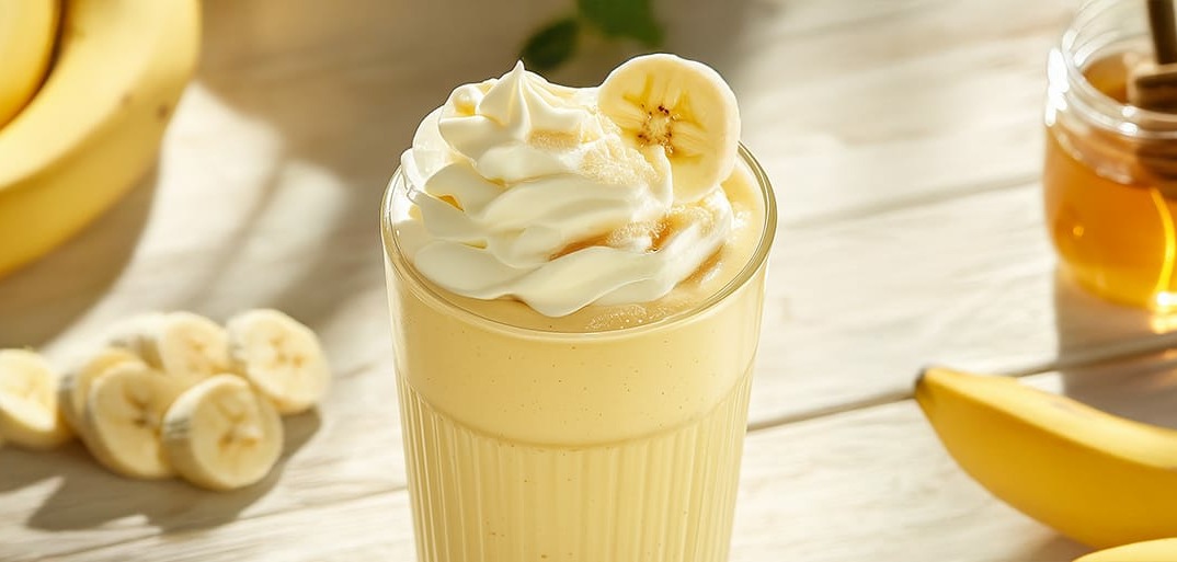 Creamy banana smoothie in a glass, garnished with fresh banana slices – a refreshing and nutritious drink idea.