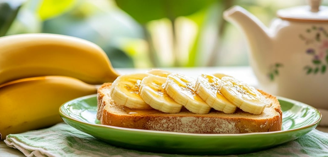 Banana toasts with fresh fruit and peanuts on a toast – a healthy, delicious breakfast idea with natural ingredients