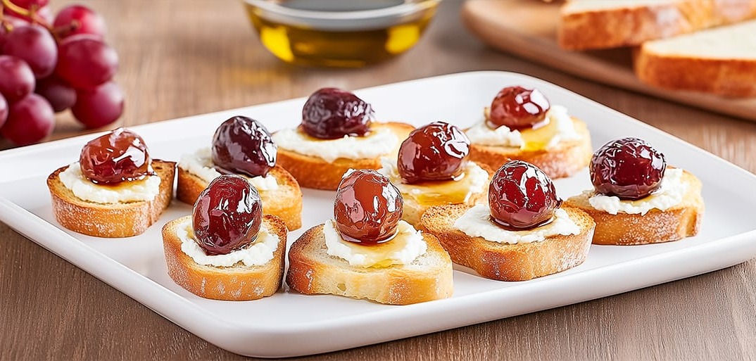Roasted grape crostini with creamy cheese and herbs – a gourmet appetizer with a sweet and savory twist.
