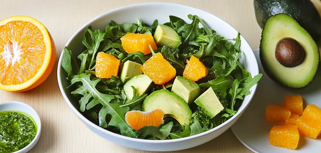 Citrus salad with pesto – a refreshing mix of oranges, grapefruit, and fresh herbs, drizzled with pesto dressing