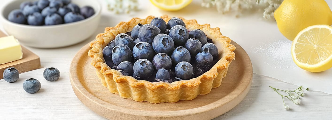 Blueberry tart with a golden crust, topped with fresh, plump blueberries and a hint of lemon, set on a wooden plate.