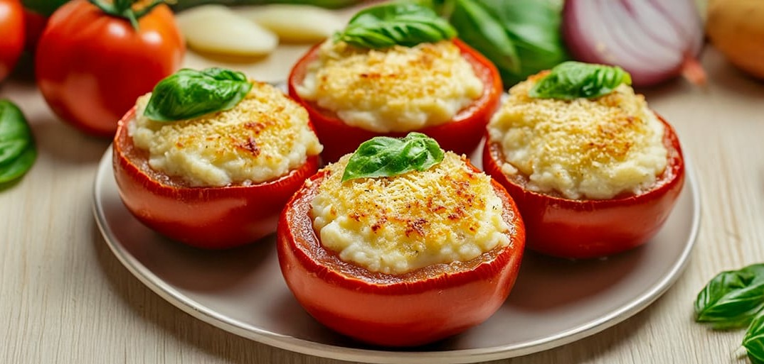 A plate of stuffed tomatoes topped with cheese, garnished with fresh basil leaves.