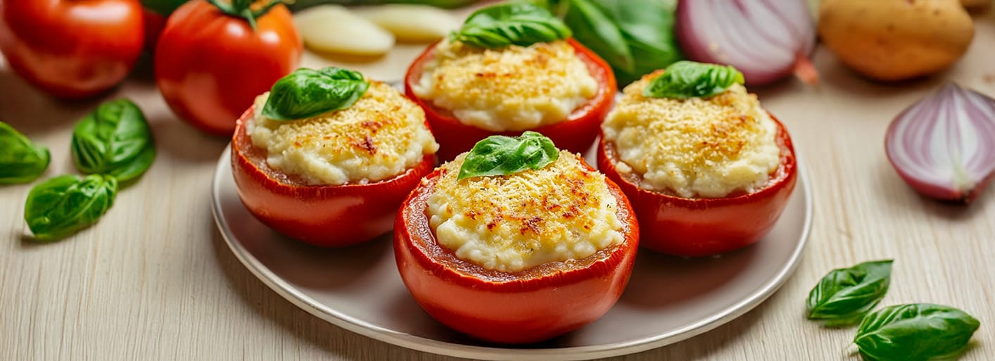 A plate of stuffed tomatoes topped with cheese, garnished with fresh basil leaves.