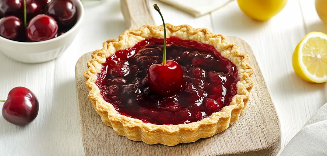 Cherry tart with lemon and cherries. A full-sized cherry tart topped with a single fresh cherry, with surrounding lemons and a white background.