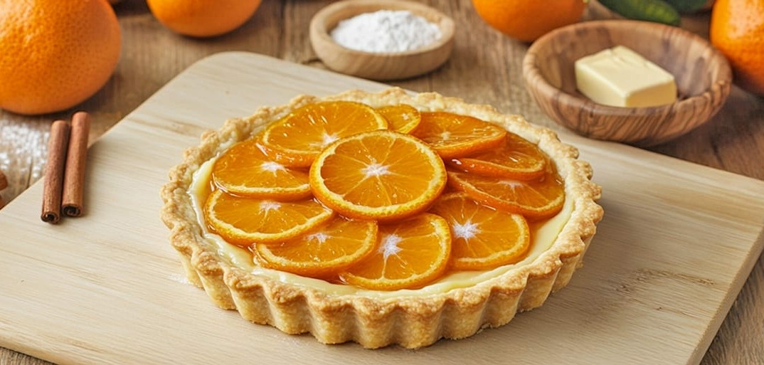 A delicious clementine tart topped with fresh slices of clementine, placed on a wooden board surrounded by whole clementines and cinnamon sticks.