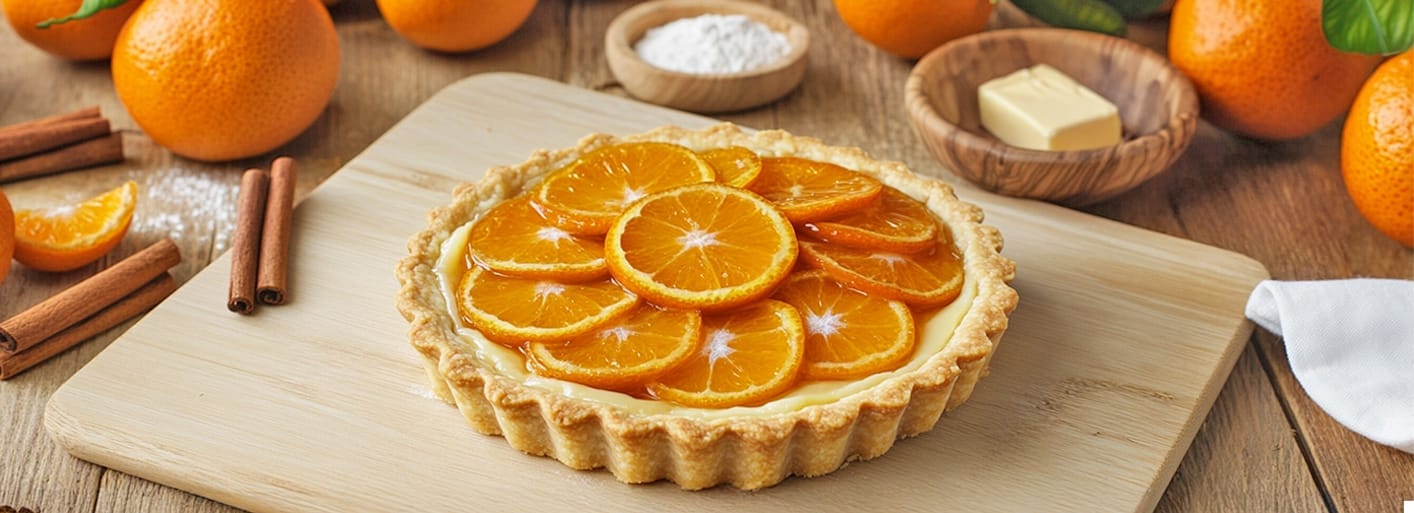 Clementine Tarts _Header_1 A delicious clementine tart topped with fresh slices of clementine, placed on a wooden board surrounded by whole clementines and cinnamon sticks.