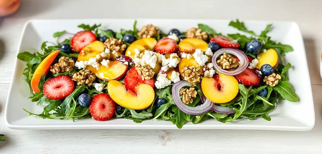 fresh, vibrant summer salad featuring arugula, sliced peaches, strawberries, blueberries, crumbled goat cheese, and crunchy granola, drizzled with balsamic dressing.
