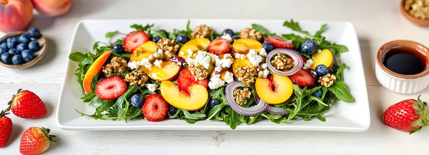 Fruity Summer Salad _Header fresh, vibrant summer salad featuring arugula, sliced peaches, strawberries, blueberries, crumbled goat cheese, and crunchy granola, drizzled with balsamic dressing.